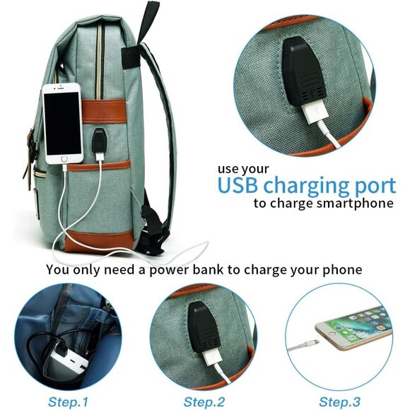 ✨Mancio Green Laptop Backpack USB Charging Port Slim Backpack Travelling Bag - Picture 5 of 6